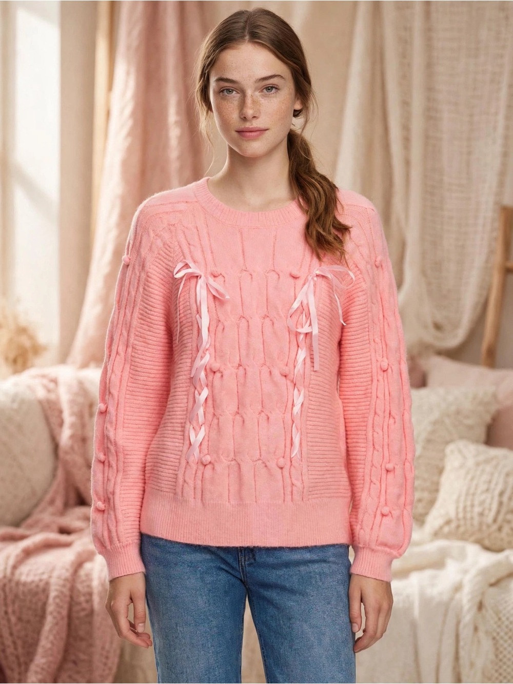 🎀NEW Francesca's Collections Pink Cable-Knit Ribbon Crewneck Sweater Size M